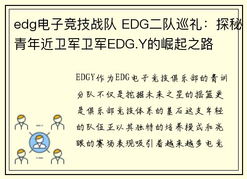 edg电子竞技战队 EDG二队巡礼:探秘青年近卫军卫军EDG.Y的崛起之路