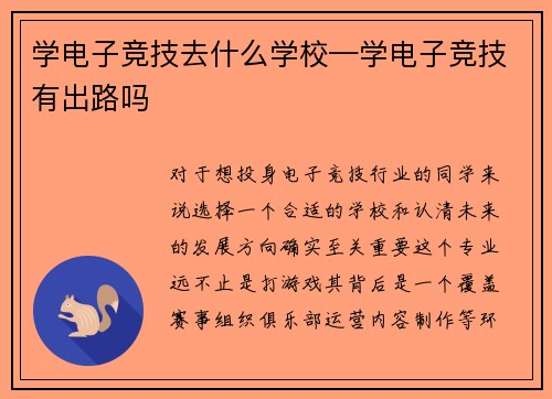 学电子竞技去什么学校—学电子竞技有出路吗